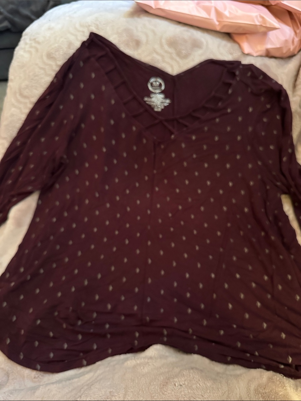 Women’s V-Neck Long Sleeve Top in Burgundy with Subtle Diamond Print
